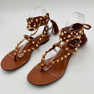 Valentino Garavani Rockstud Thong Sandals Brown Leather Gladiator Tie EU 38 US 8